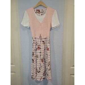 90s Vtg Allison Che Women's Size 6P Midi Dress Pink‎ Floral Crochet Boho Check